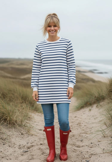 salzhaut - MÖPPKES Damen Kurzes Kleid (Mini) Oversized - adenauer & co - Anker - Basic - 1 - #farbe_Offwhite-Ultramarine