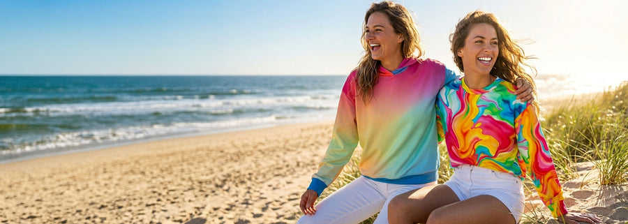 Zwei Frauen sitzen am Strand mit bunten Hoodies und Sweatshirts