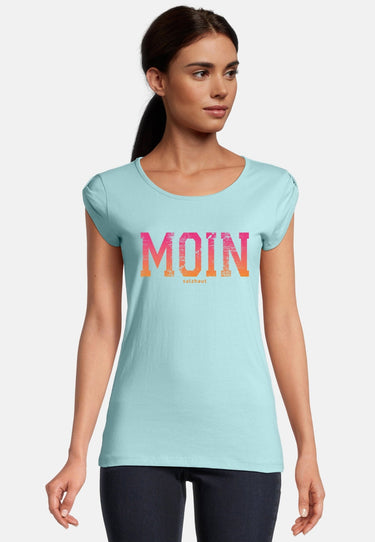 salzhaut - BIIKE - MOIN VERLAUF Damen eng anliegend - Frontprint - T-Shirt - Verlauf - 1 - #farbe_aqua-neon-orange-neon-pink